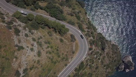 aerial: amalfi highway curves on cliff top promontory, sea far below