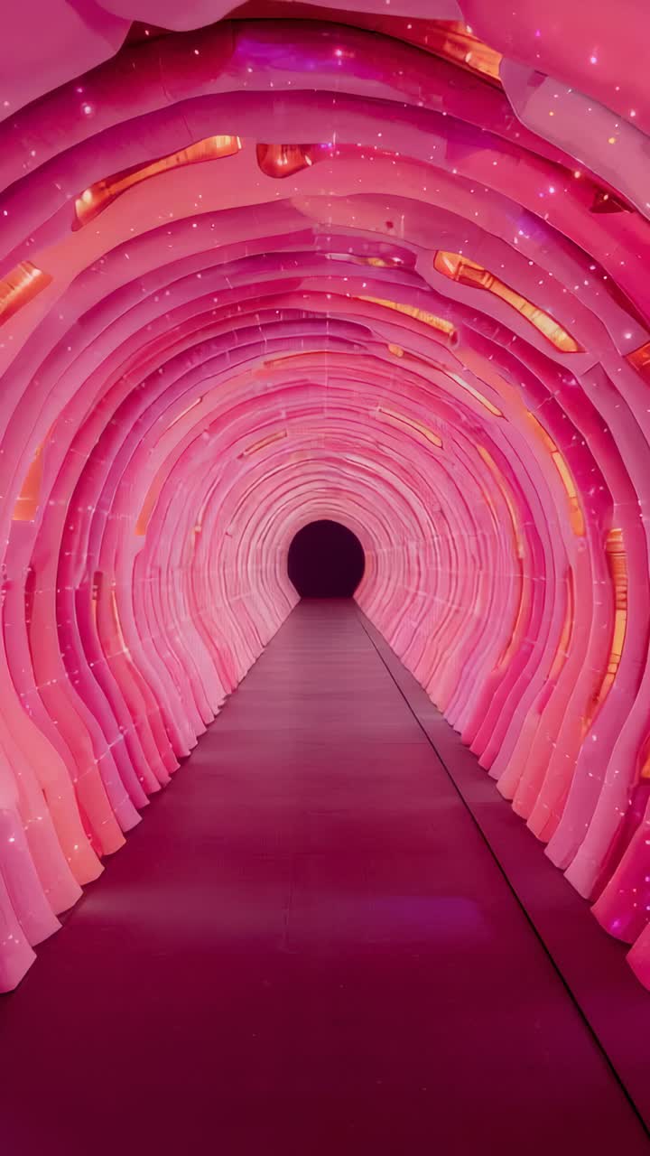 Vertical video: Moving camera showing gallery tunnel guiding viewer along path toward dark portal