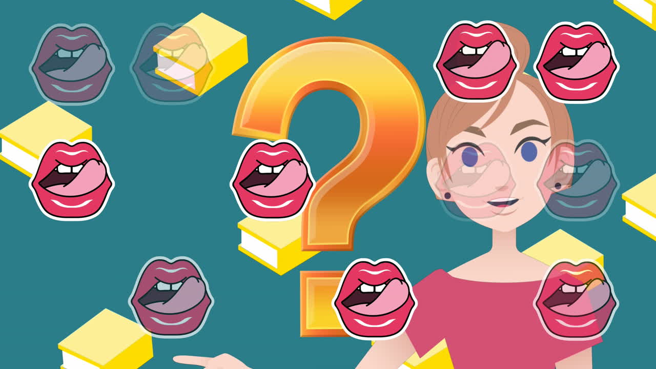Animation of question mark and teacher icon over books and lips