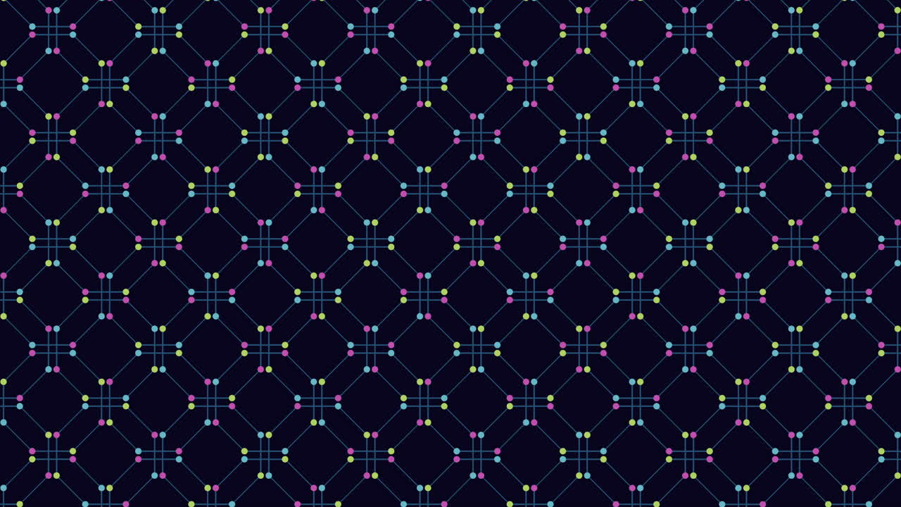 Vibrant colored lines on a black background create a striking diamond pattern with interconnected circles forming the design