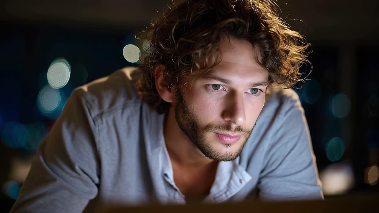 Espressione concentrata di un giovane uomo impegnato nel lavoro durante le ore notturne, avvolto da un caldo bagliore in una stanza in penombra piena di luci sfocate.