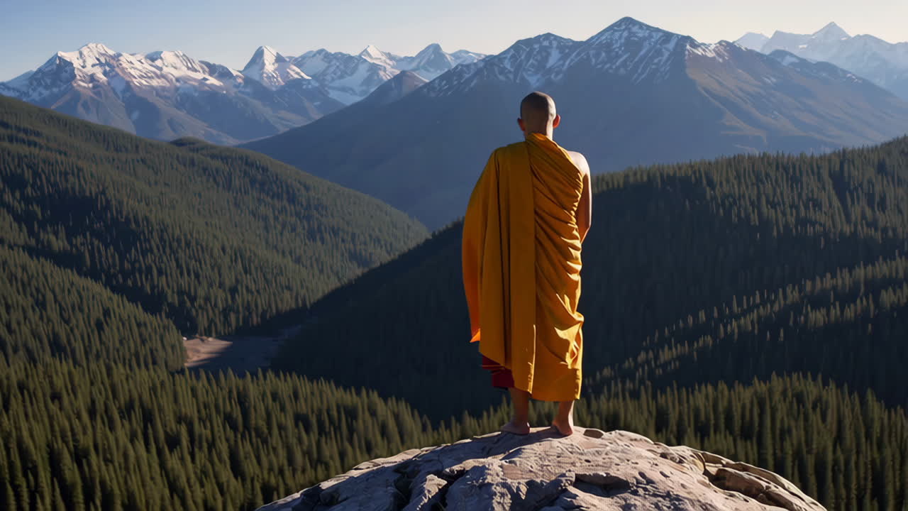 monje contemplando en las montañas