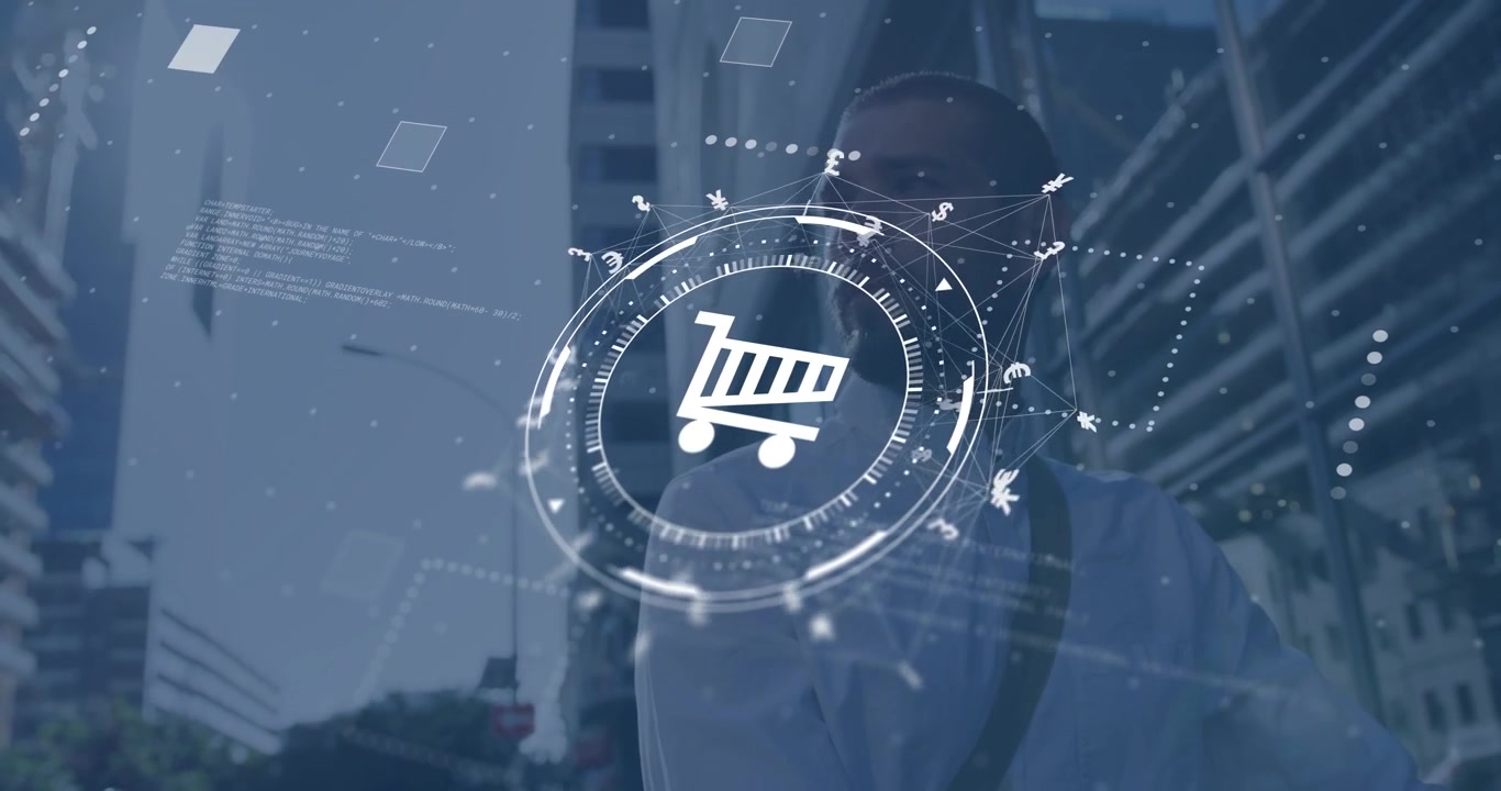 Man adjusting posture as holographic cart appearing overhead, rotating and showing retail data