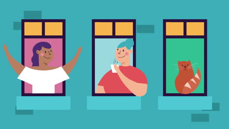 mujeres y gatos en las ventanas de los apartamentos permanezcan en casa campaña