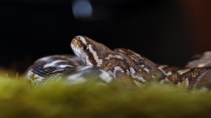 Coiled python resting in a terrarium, showing its patterned scales and calm demeanor
