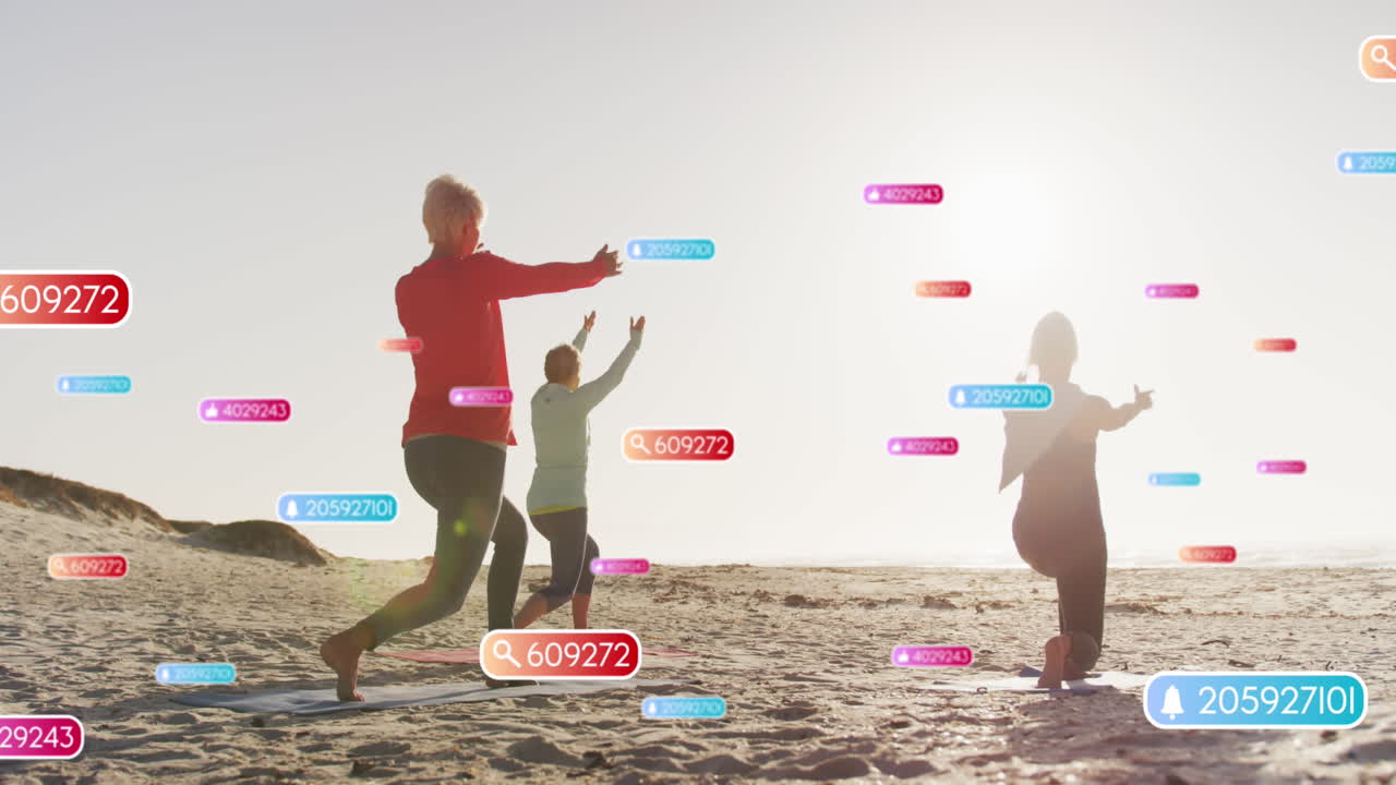 해변에서 요가를 하는 여성들에 대한 소셜 미디어 알림의 애니메이션