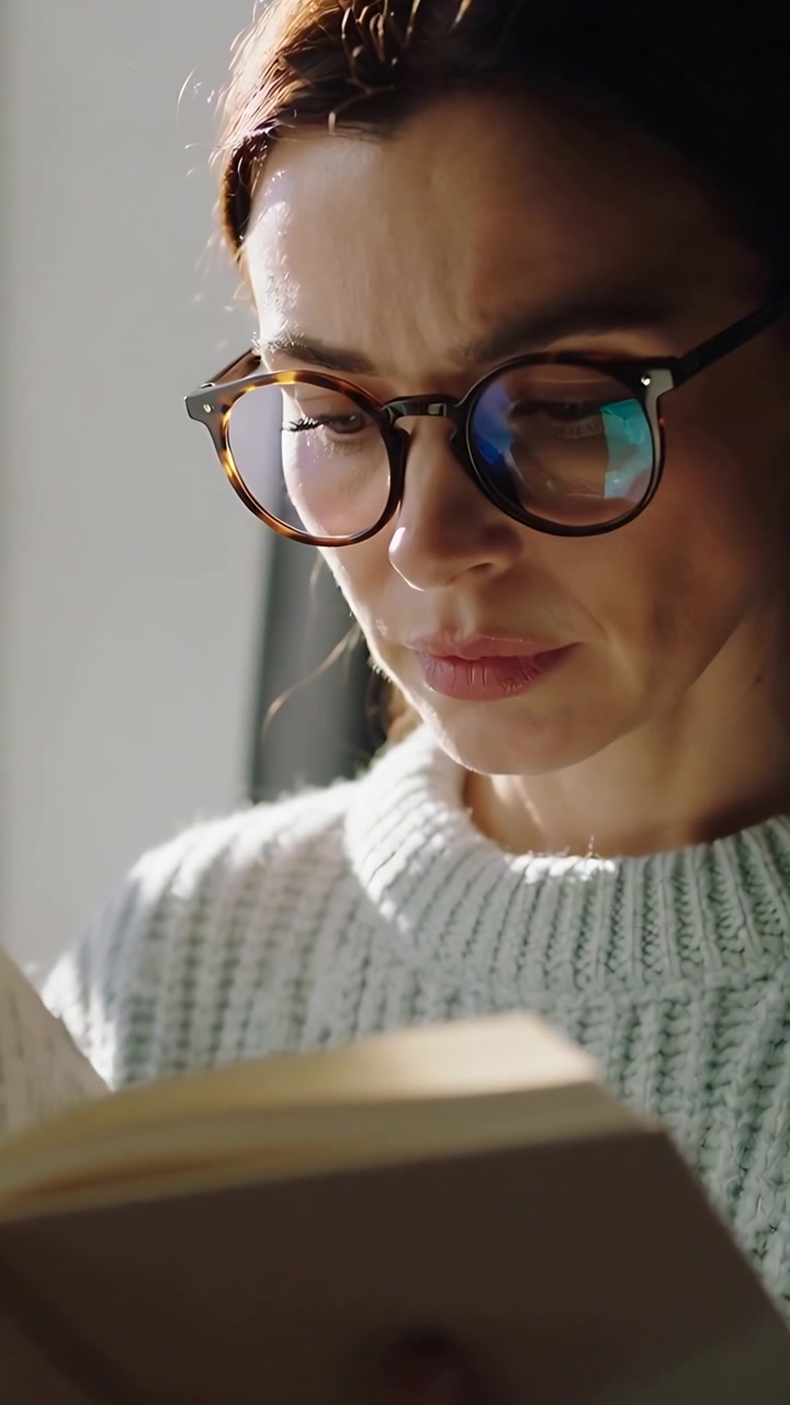 Vídeo vertical: Leitor de camisola e óculos a seguir a linha, virando a página de um livro junto à janela com um brilho azul.