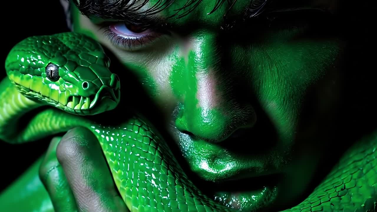 A man with green paint on his face holding a green snake