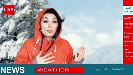 woman reporter talking at snow rain mountain to tell about weather forecast