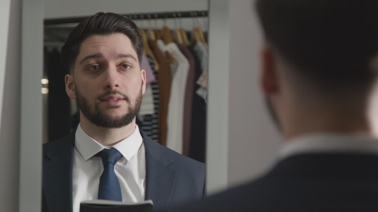 Young Man In Suit At Home Practising Job Interview Technique Reflected In Mirror 1