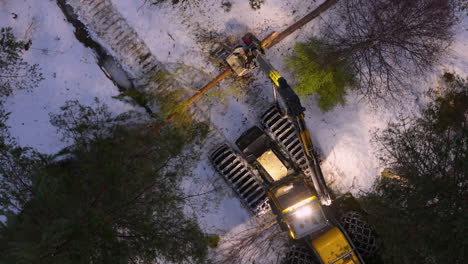 Harvester-felling,-delimbing-and-bucking-tree-in-snowy-forest