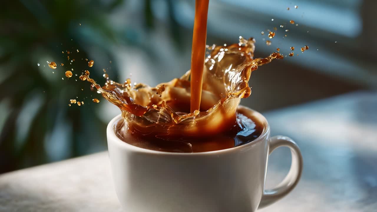 Captured in two stunning frames, the essence of coffee pouring into a cup is beautifully illustrated with dynamic splashes and rich colors, showcasing the artistry and vitality of this everyday ritual