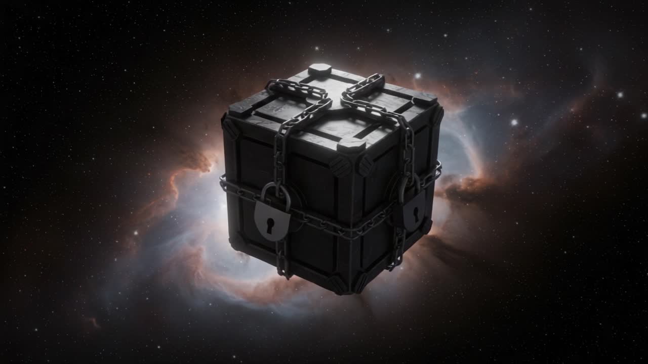 Mysterious Enigma: A Locked Black Cube Surrounded by Cosmic Nebula, Suspended in the Depths of Space, With Chains and a Padlock Ensuring Its Secrets Remain Hidden
