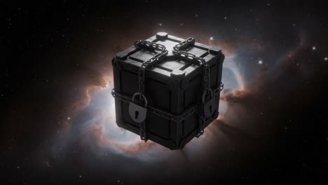 mysterious enigma: a locked black cube surrounded by cosmic nebula, suspended in the depths of space, with chains and a padlock ensuring its secrets remain hidden