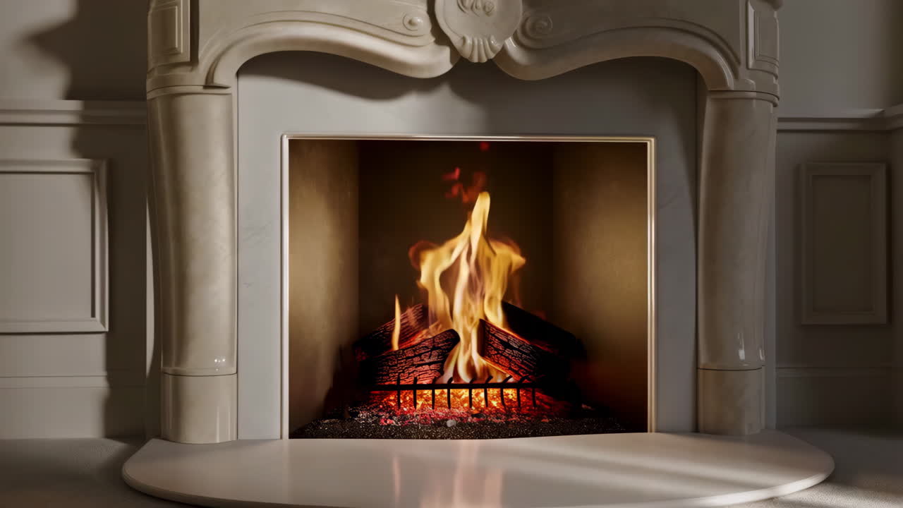 불타는 나무와 불꽃이 있는 벽난로