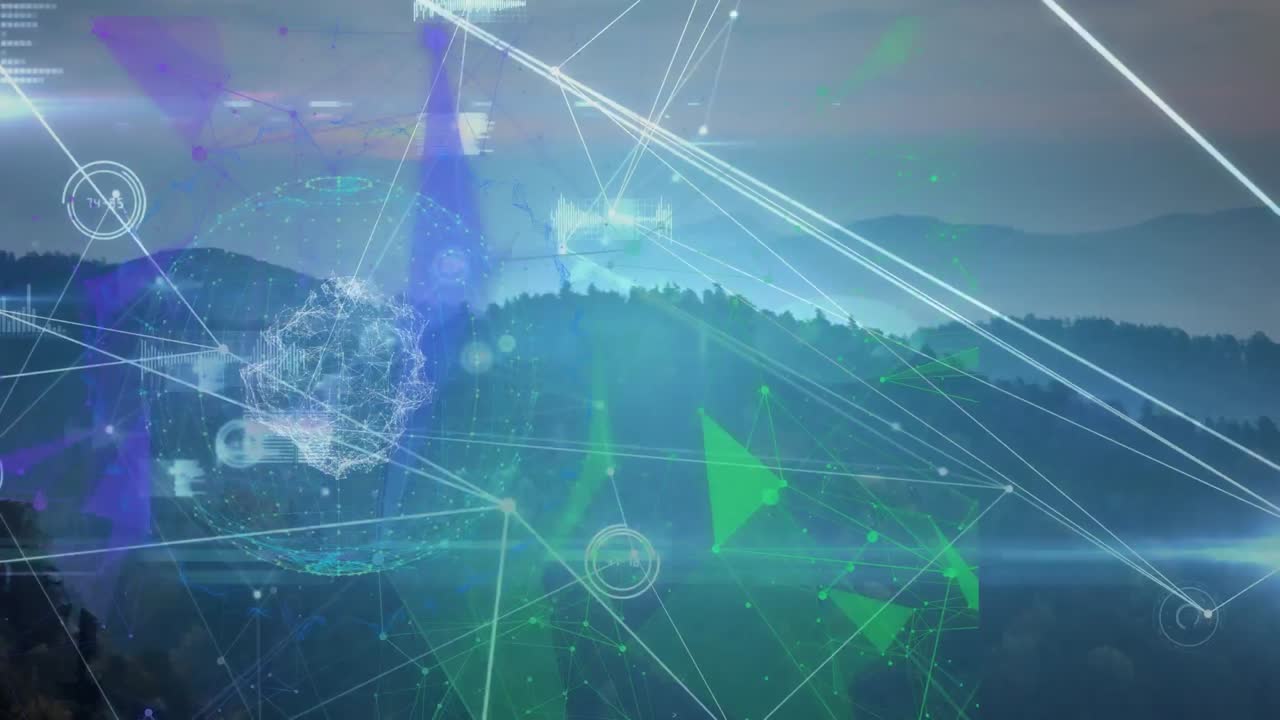 Animation of globe of network of connections and plexus networks against landscape with mountains