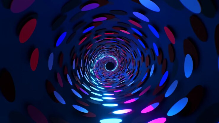 Neon Tunnel Swirling With Multicolor Dots, Deep Blue Glow, Animated Ovals Rotating Toward Center, Hypnotic
