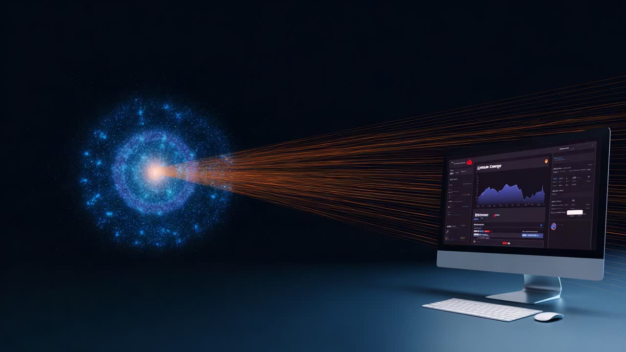 A futuristic computer setup visualizing data analytics, featuring vibrant light projections emanating from a monitor, representing advanced technology and innovation