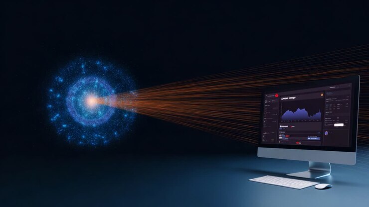 Et futuristisk computer setup, der visualiserer dataanalyse med levende lysprojektioner fra en skærm, som repræsenterer avanceret teknologi og innovation.