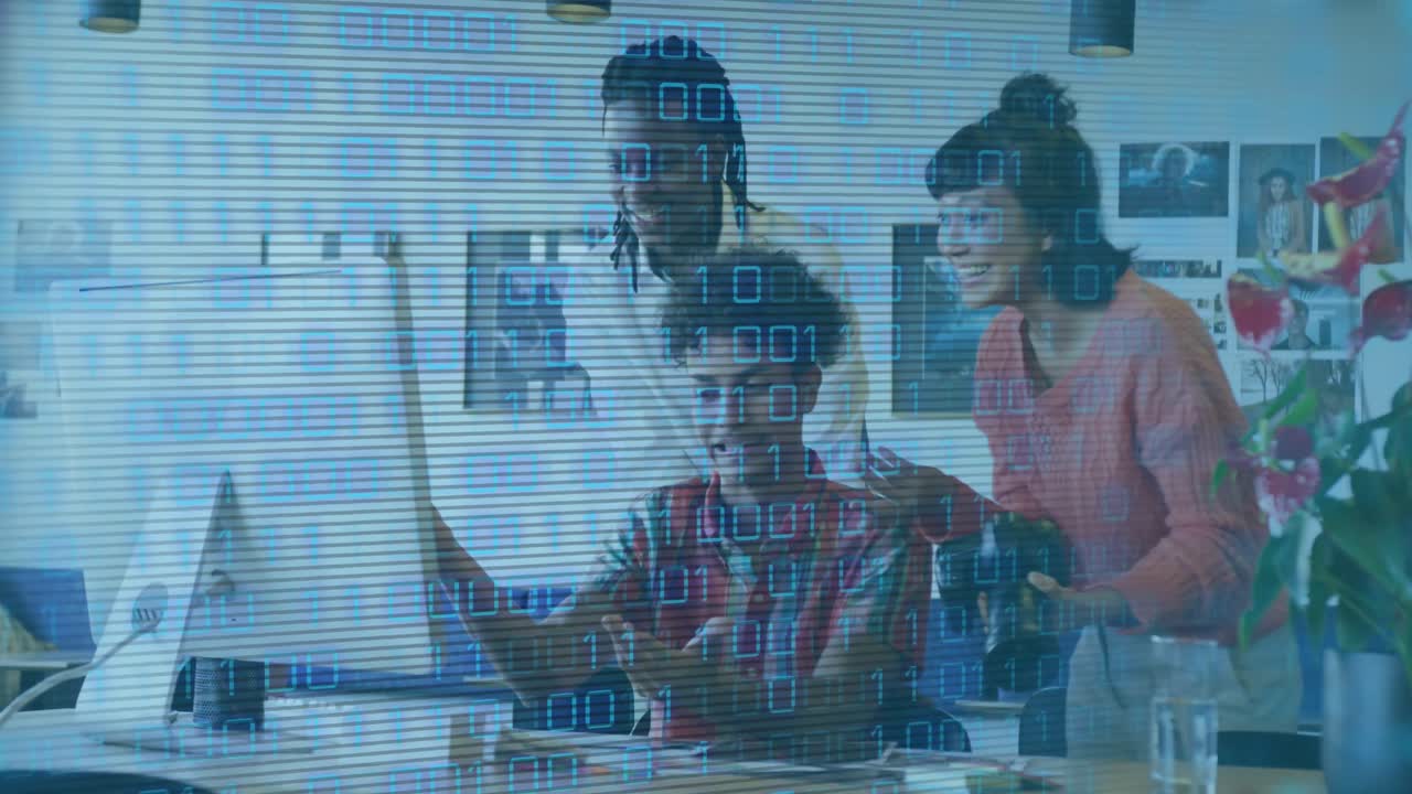 Animation of looping binary codes over diverse coworkers discussing reports on desktop in office
