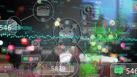 animación de la red de iconos digitales y procesamiento de datos financieros contra el tráfico nocturno de la ciudad