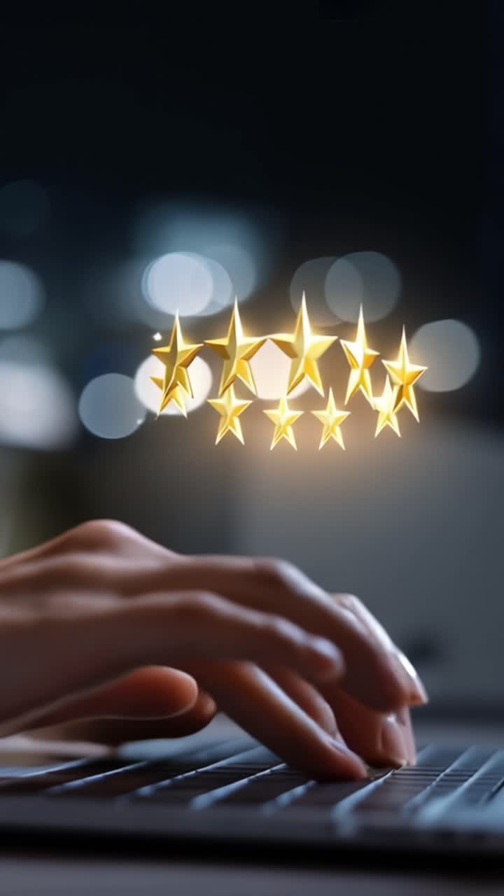 A Close-Up View of a Hand Typing on a Laptop Keyboard with Glowing Five-Star Ratings Above, Signifying Positive Feedback and High Quality Service or Product