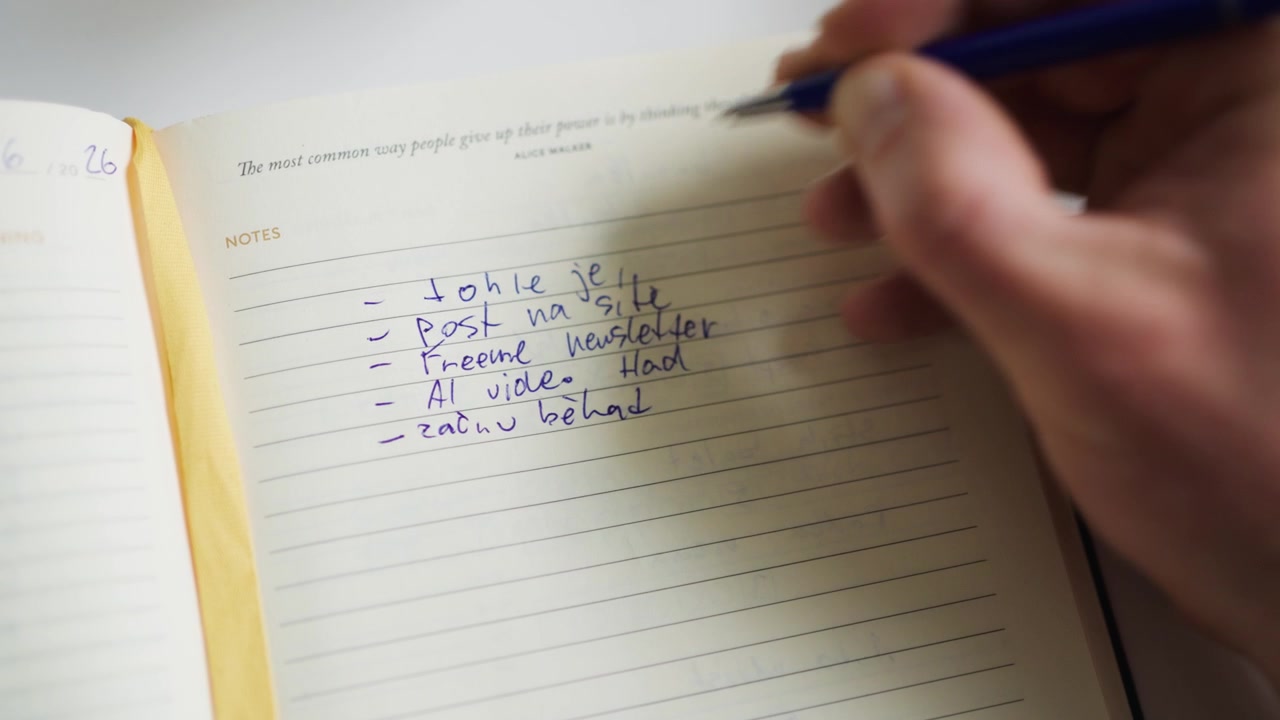 Focused entrepreneur writes productivity book by hand for business success.