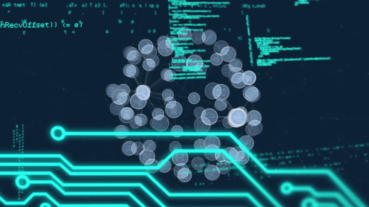 Globe of digital icons over microprocessor connections and data processing on blue background