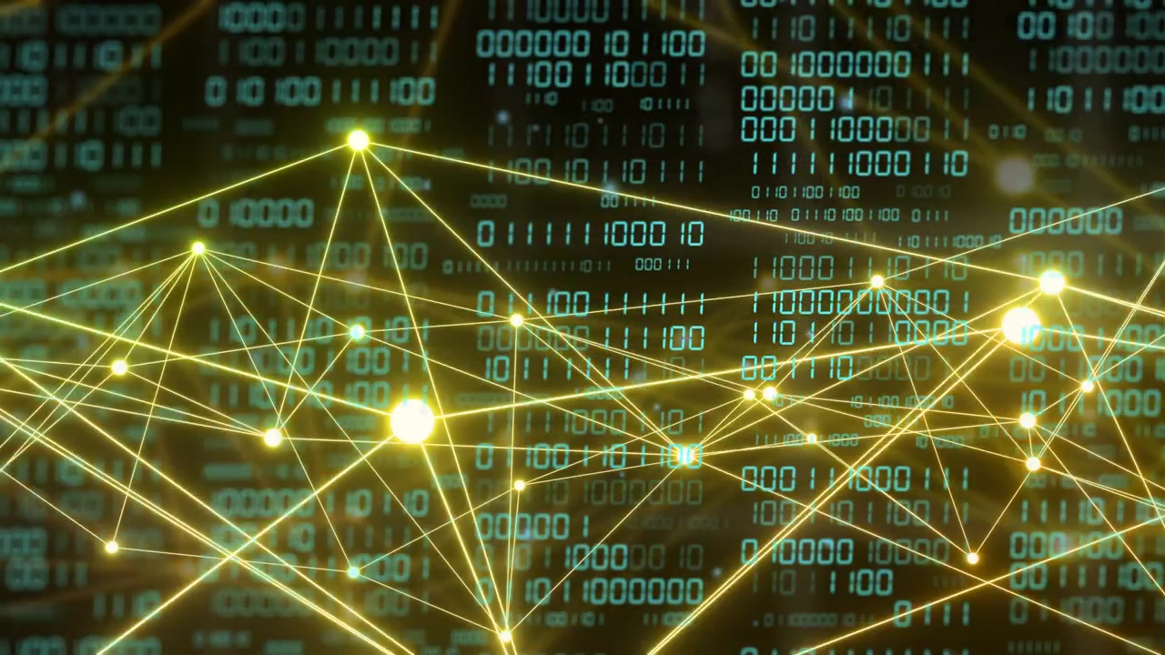 Glowing yellow node mesh starting on pulsing nodes, growing links, fading icons, showing data flow