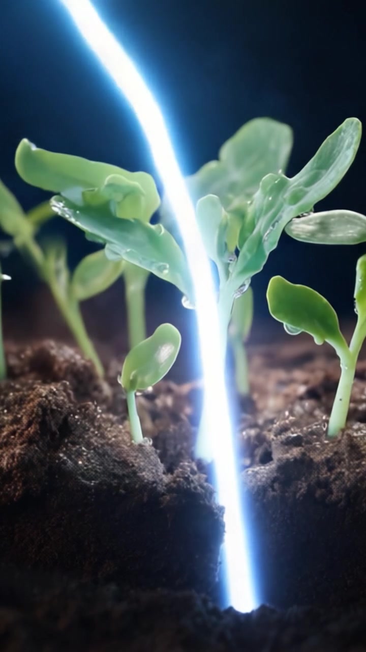 Close-up de Mudas Vibrantes Crescendo em Solo Fértil com Gotas de Chuva e Iluminação Dramática, Capturando a Resiliência da Natureza e Novos Começos