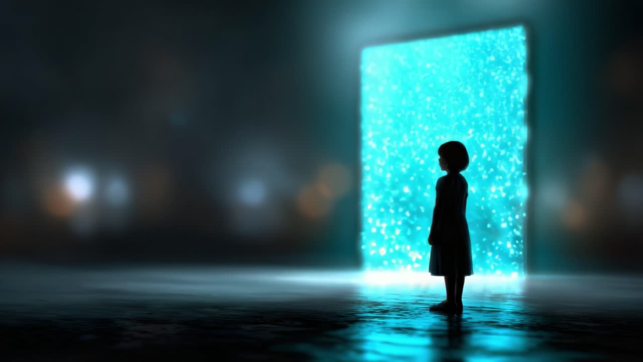 魅惑的な雰囲気の中、若い少女が暗闇に立ち、きらめく光で満たされた光るポータルをじっと見つめ、驚きと好奇心を呼び起こしています。