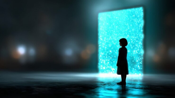 A young girl stands in the dark, gazing at a glowing portal filled with shimmering lights, evoking wonder and curiosity in an enchanting atmosphere