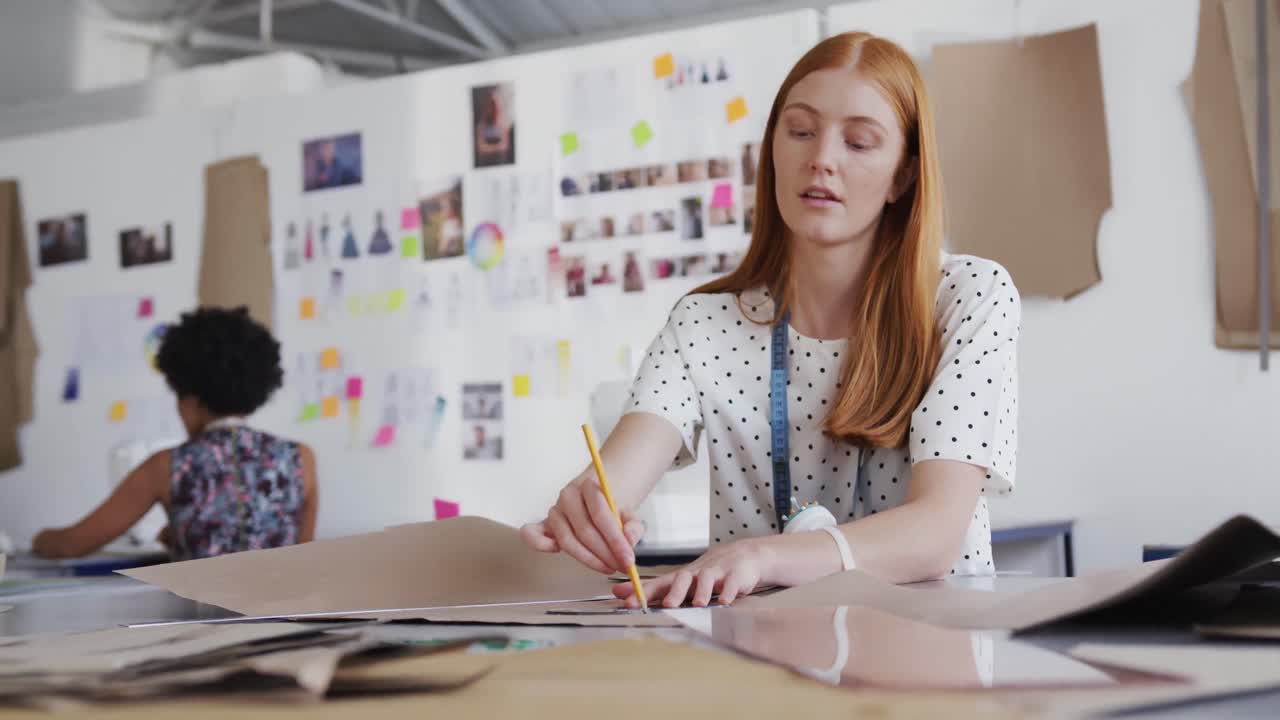 mujer caucásica que trabaja en una oficina de moda