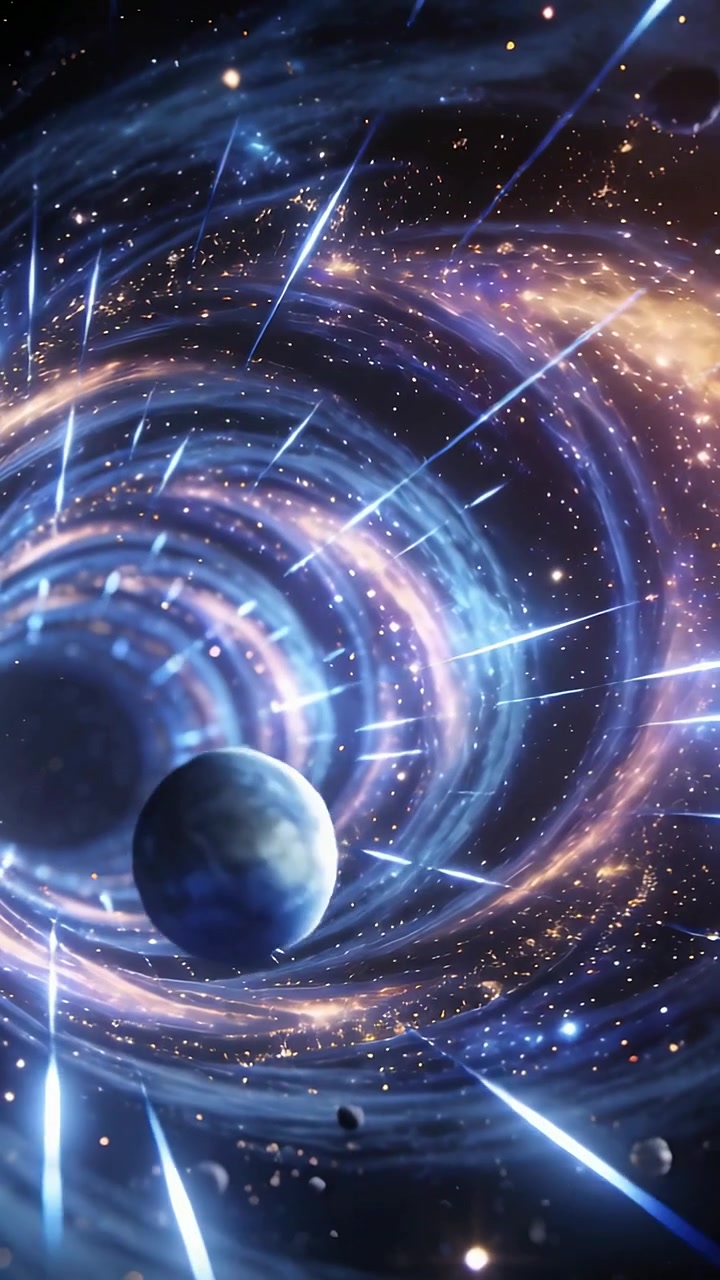 Vídeo vertical: Câmera dando zoom, vórtice puxando planeta azul para dentro em meio a rastros de luz no espaço profundo