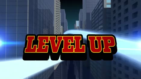 Animation of level up text over cityscape