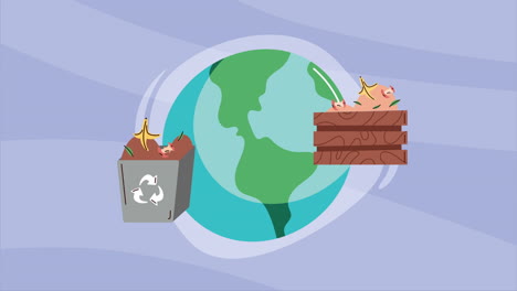 cesta de compost y olla en la animación del planeta tierra