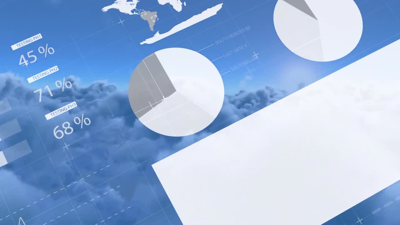 구름이 있는 하늘 위의 금융 데이터 처리 애니메이션