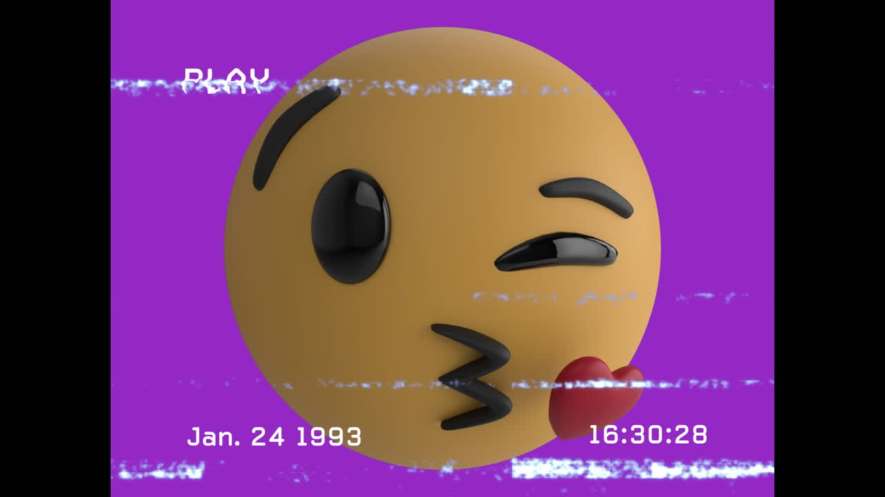 Animation of kissing emoji icon over screen with noise
