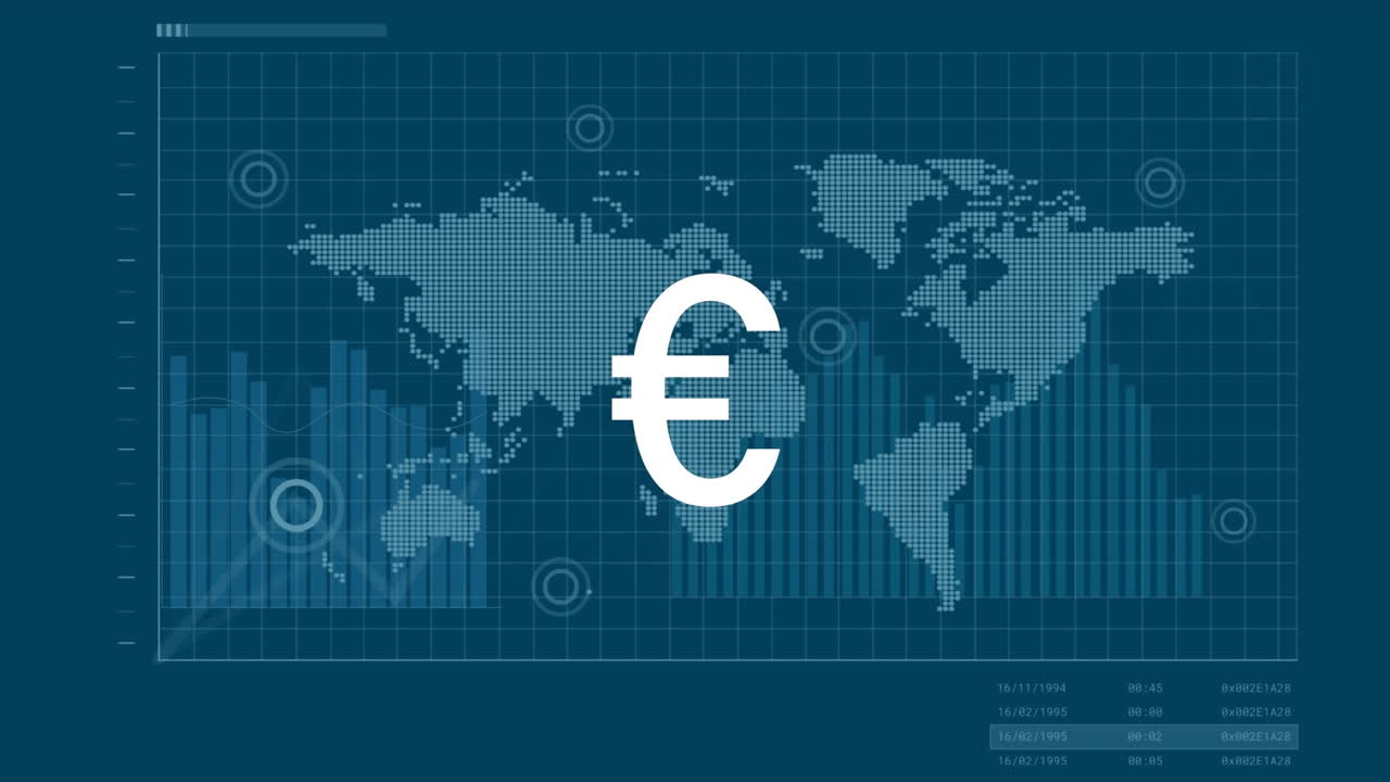 animación del signo del euro sobre un mapa digital giratorio y múltiples gráficos sobre un fondo azul.