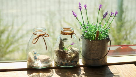 jars of flowers, table decorations on bus windowsill, munyeodo bus cafe, gunsan