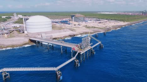 Aerial-orbiting-shot-of-AES-ANDRES,-PRIVATE-PORT,-FOR-DISTRIBUTION-AND-STORAGE-OF-LIQUEFIED-PETROLEUM-NATURAL-GAS-in-DOMINICAN-REPUBLIC