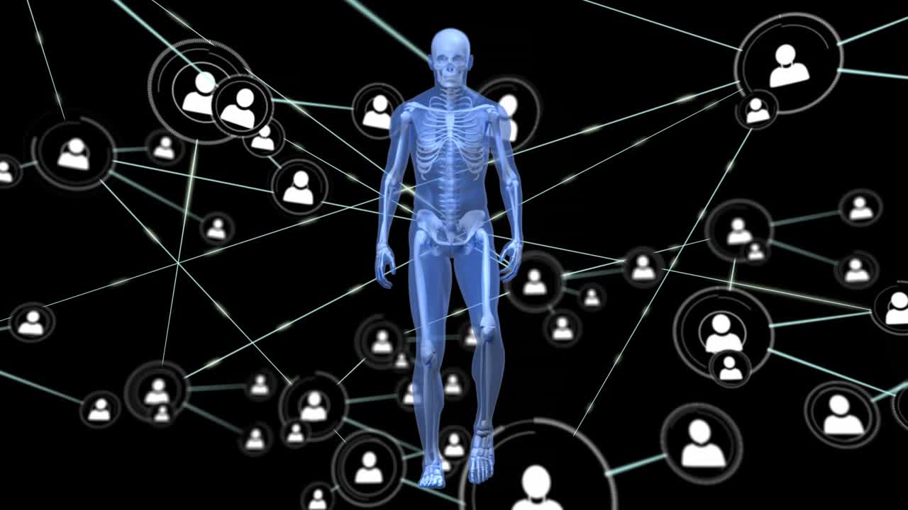 Animation eines Netzwerks von Verbindungen und Icons über einem menschlichen Körpermodell