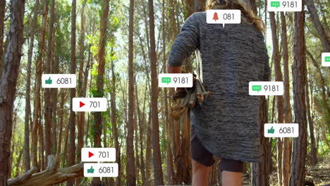 man carrying sticks walking forest, showcasing floating social media notifications for marketing