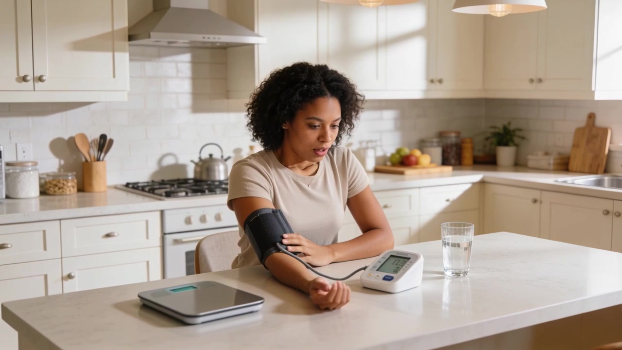 Premendo il pulsante di avvio, una donna in maglietta beige misura la pressione sanguigna in cucina per motivi di salute, usando un bracciale o un monitor.