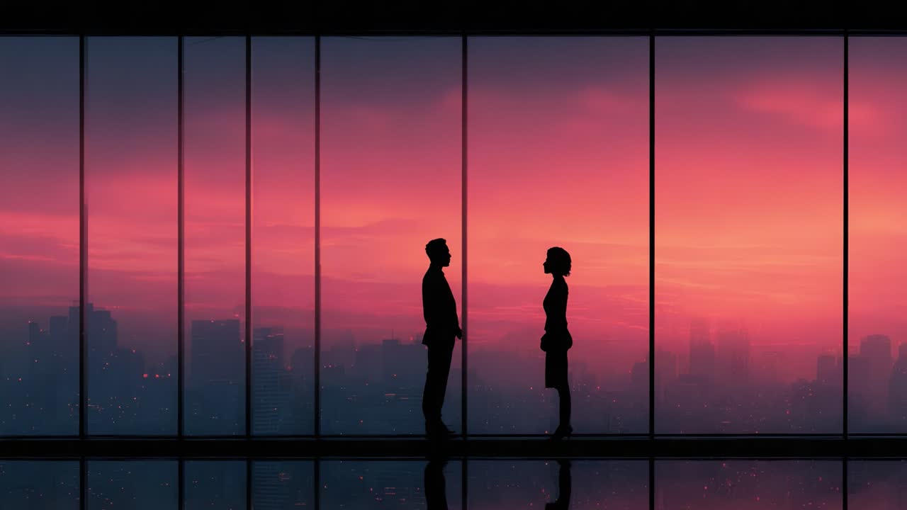 Pareja en silueta de pie frente a amplios ventanales de cristal, envuelta en una puesta de sol vibrante, creando una atmósfera romántica con un impresionante paisaje urbano de fondo