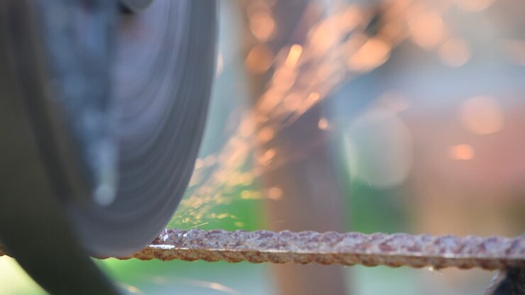 Man works angle grinder. Sparks fly from hot metal.
