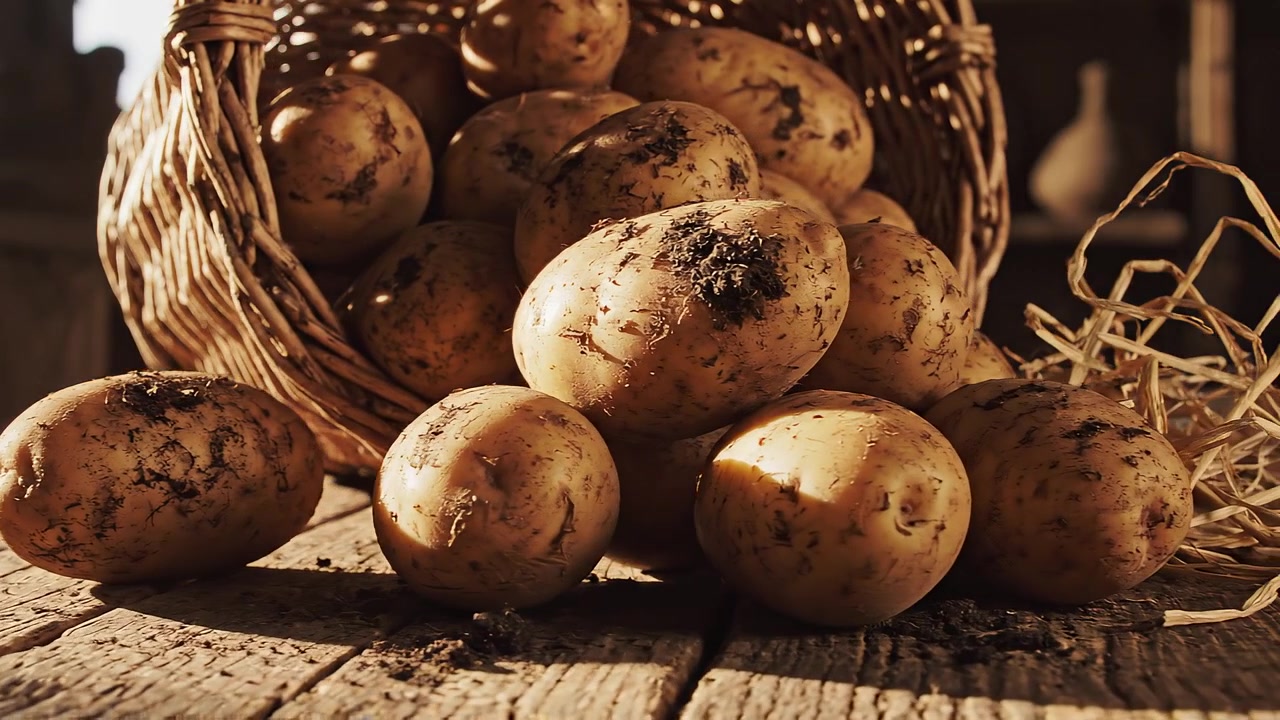 Patate crude appena raccolte in un cesto di vimini rustico