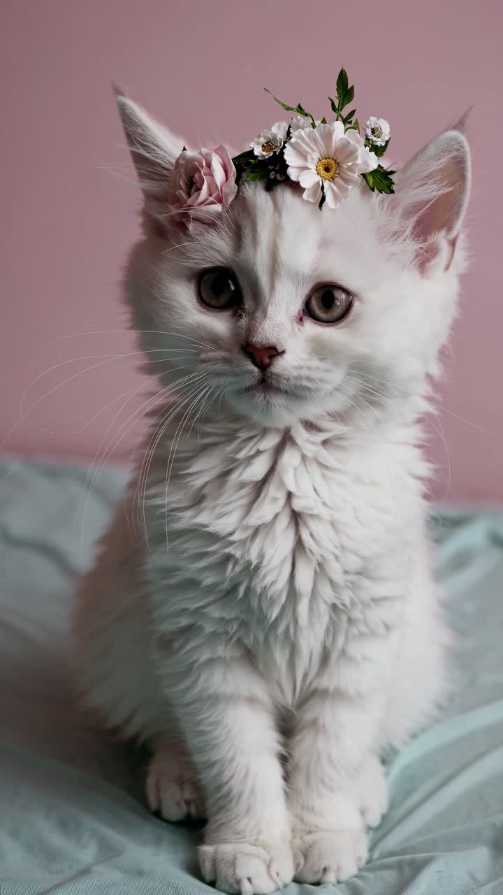 A fluffy white kitten with a floral crown sits on a soft surface