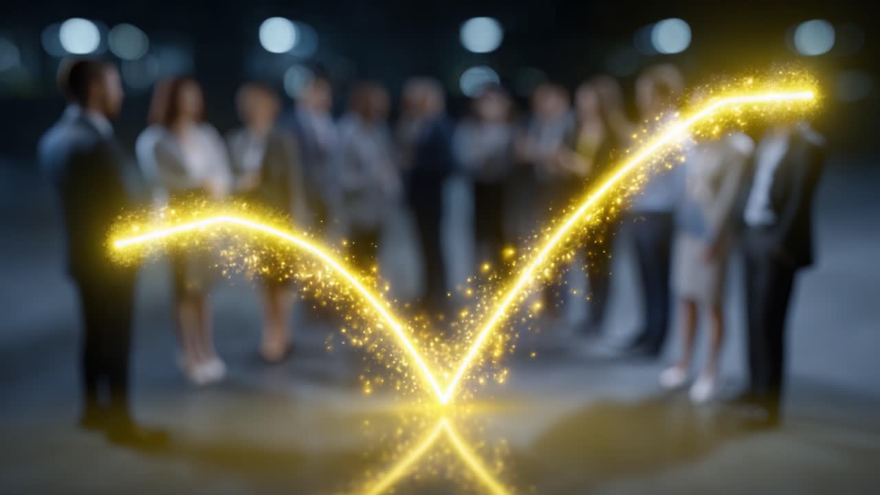 Una scena dinamica di celebrazione e successo con curve dorate scintillanti a un evento professionale, a simboleggiare risultati e lavoro di squadra in un’atmosfera luminosa