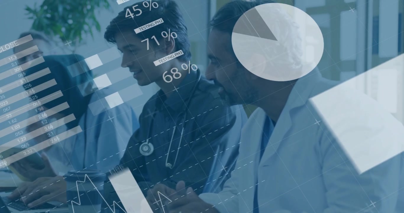 Medical team reviewing patient data on laptops and pointing as bar charts fading in over clinicians